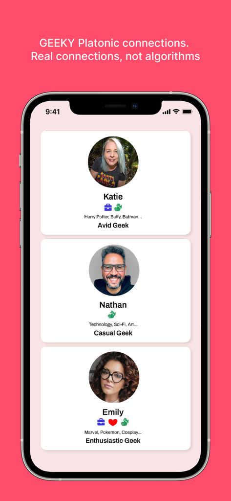 Mobile app screen displaying user profiles with different geek levels and interests for platonic connections