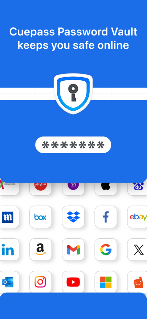 Password Manager ® - Mobile Oberfläche eines Passwort-Tresors, die die Eingabe einer sicheren Master-PIN und ein Raster beliebter App-Icons zeigt.