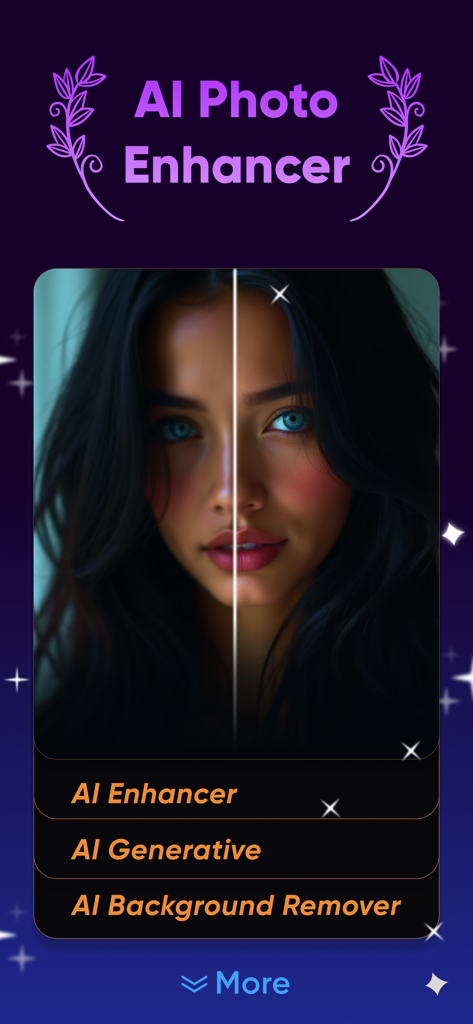 AI Photo Enhancer : Photo App - Pantalla dividida que muestra un retrato borroso junto a una foto nítida mejorada por la aplicación Mejorador de Fotos con IA