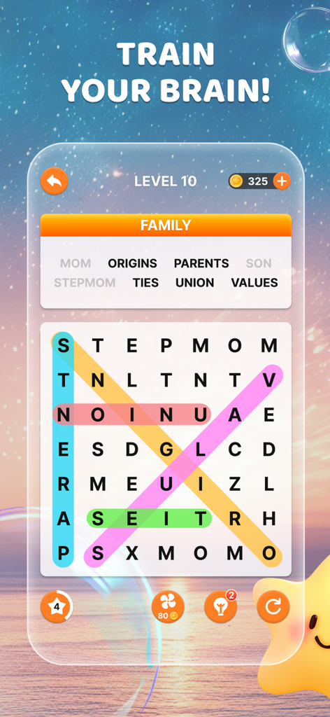 Word Search!-Word Puzzle Game - A mobile screen showing a word search puzzle with a family theme and colorful word highlights under the text Train Your Brain.
