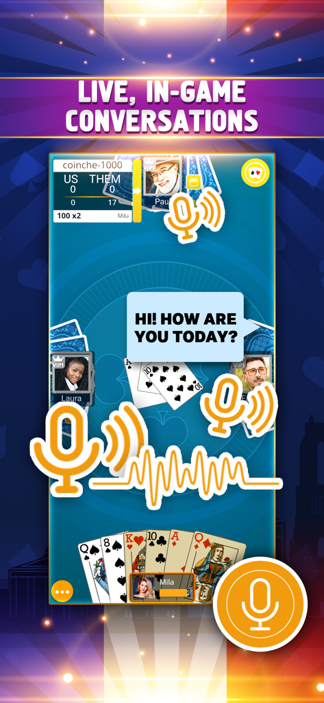 Interface du jeu de cartes VIP Belote montrant les fonctionnalités de chat vocal et textuel en direct avec des avatars de joueurs