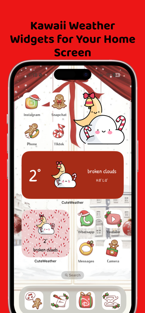 iPhone home screen featuring kawaii Christmas themed weather widgets and custom app icons