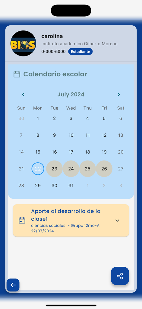 BS Educativo - La interfaz de la aplicación BS Educativo muestra el calendario escolar de un estudiante y las próximas tareas de clase.