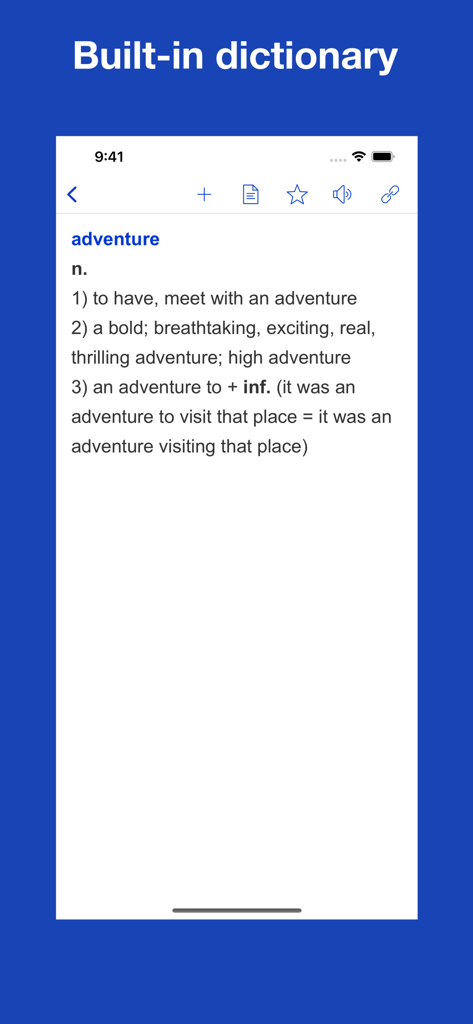 Dictionary entry for the word adventure showing common collocations in the Mastering English Collocation app interface