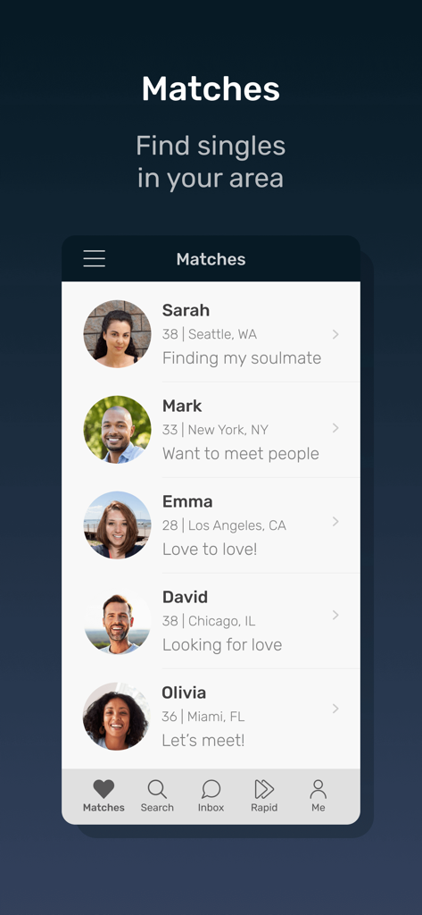 A list of potential dating matches on the Disabled Singles Dating app showing profiles with names, ages, and locations.