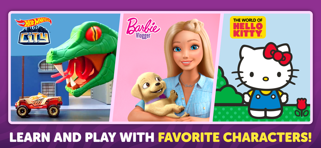 PlayKids Baby Learning Games - 바비, 헬로키티, 핫휠 캐릭터와 함께 배우고 놀자라는 문구가 있는 PlayKids 홍보 배너