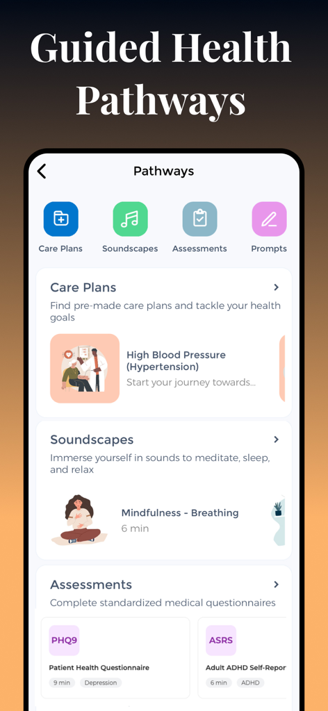 POTS Tracker - Tachycardia - Interfaccia dell'app POTS Tracker che mostra percorsi sanitari guidati, inclusi piani di assistenza, paesaggi sonori e valutazioni mediche