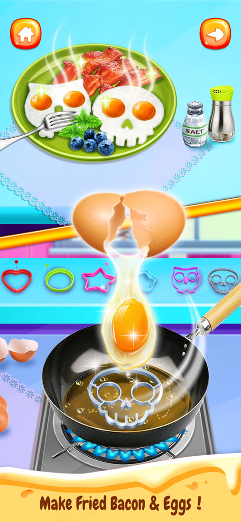 Making fried bacon and eggs in a breakfast cooking game with a skull shaped egg mold.