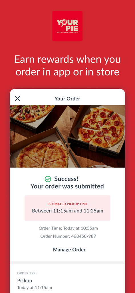 Your Pie Rewards - Order confirmation screen on the Your Pie Rewards app showing a successful pizza order with an estimated pickup time.