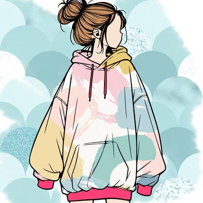 realistic girl with a oversized sweatshirt on and a bun