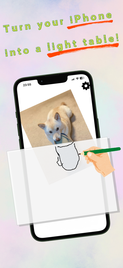 TracingMat - A hand tracing a dog image from an iPhone screen onto paper using the TracingMat app.