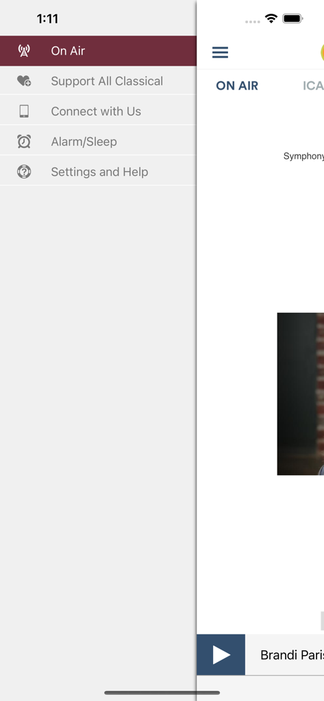 All Classical Radio - Side navigation menu of the All Classical Radio mobile app showing features like On Air Support and Alarm Sleep.