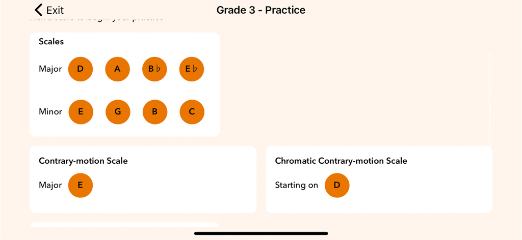 ABRSM Piano Scales Trainer - ABRSM Piano Scales Trainer Grade 3 practice screen showing selection of major minor and contrary motion scales
