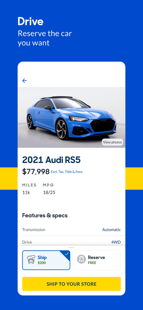 CarMax: Used Cars for Sale - CarMax mobile app screen showing a blue 2021 Audi RS5 with pricing details and buttons to ship to a store or reserve for free