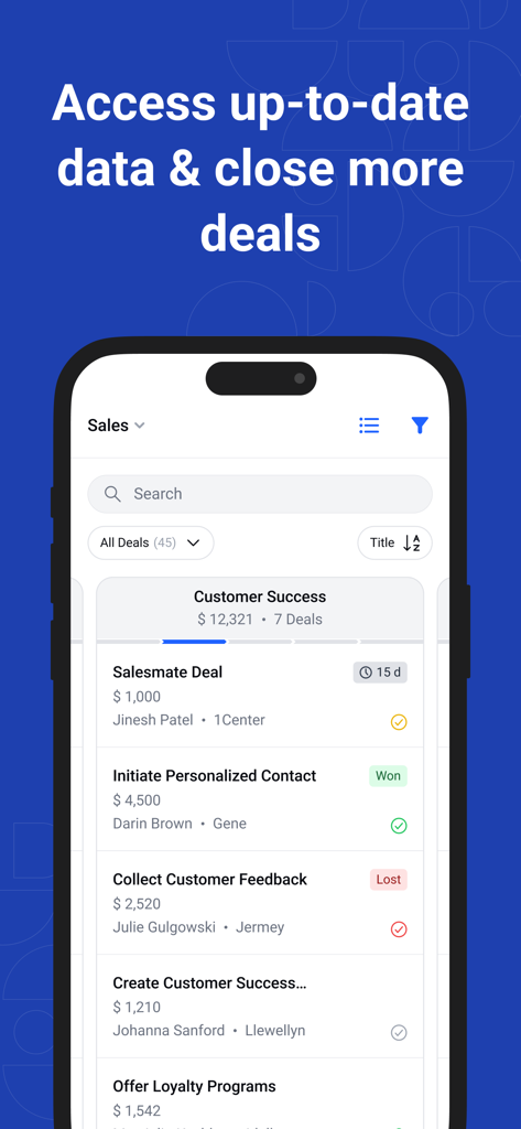 Salesmate – Sales CRM - Salesmate CRM mobile app interface displaying a list of sales deals and customer success statuses.