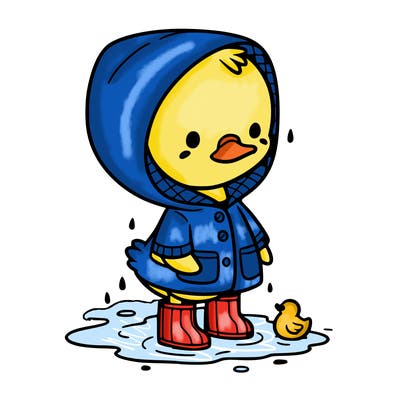 baby duck in a rain coat and boots, in a puddle while it’s raining