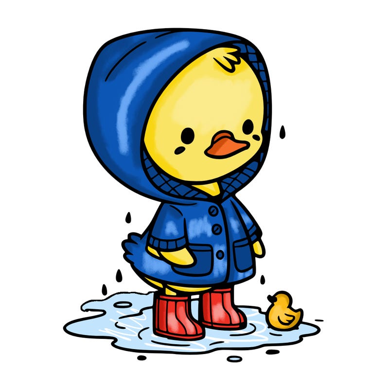 baby duck in a rain coat and boots, in a puddle while it’s raining