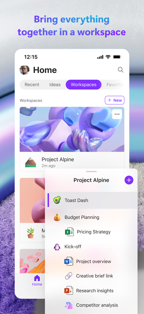 Microsoft Loop - 統合されたファイルとチームコラボレーションツールを備えたプロジェクトワークスペースを示す Microsoft Loop アプリ。