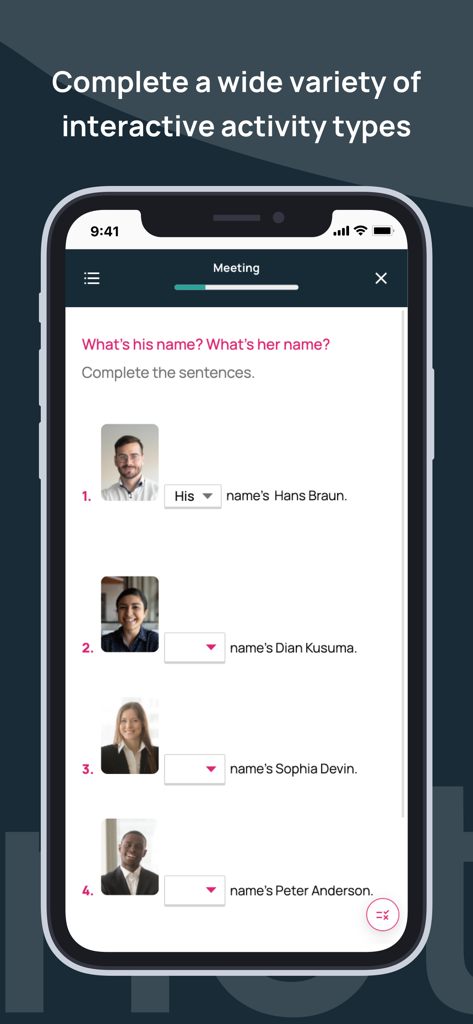 Interfaz de la aplicación móvil Magnet Learn que muestra una actividad interactiva de completar oraciones con fotos de usuarios