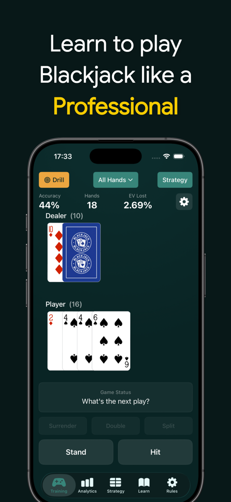 Blackjack trainer app interface showing a training drill with card hands and accuracy statistics.