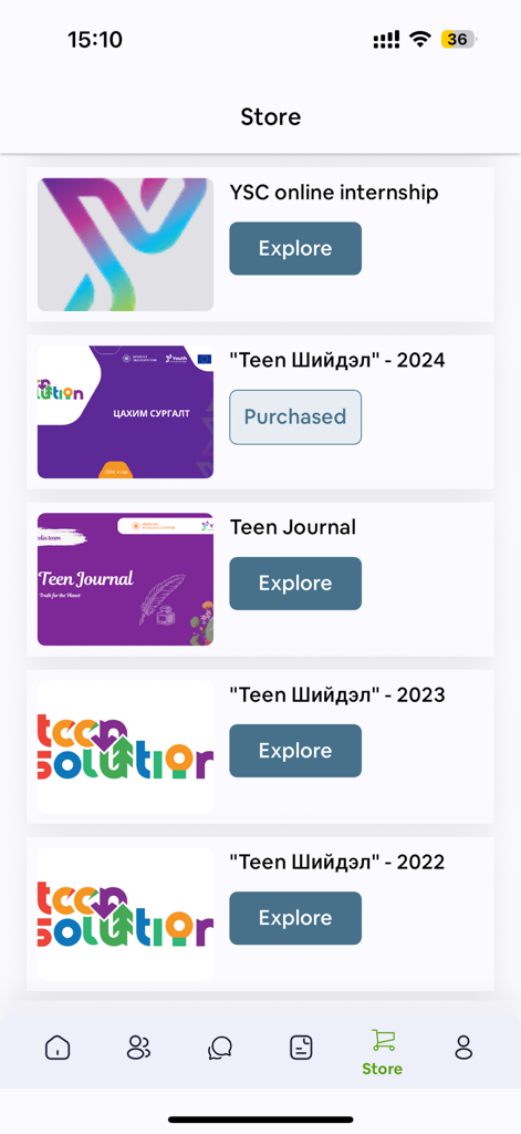 YSC Mongolia - Pantalla de la tienda de la aplicación YSC Mongolia que muestra pasantías en línea y programas de sostenibilidad para adolescentes
