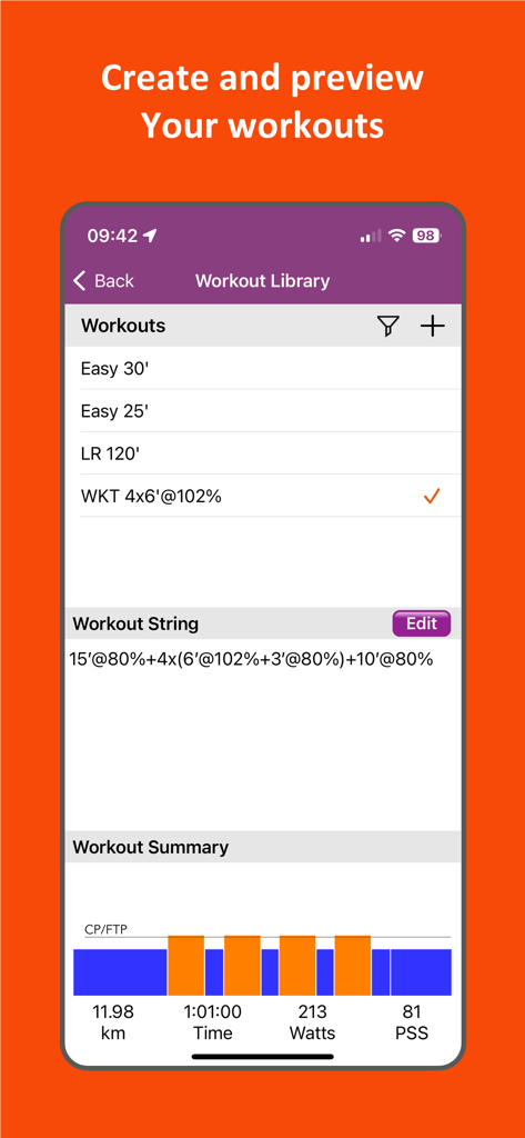 RunCline - RunCline app interface displaying the workout library with a custom interval string and a performance summary chart showing metrics like power and distance
