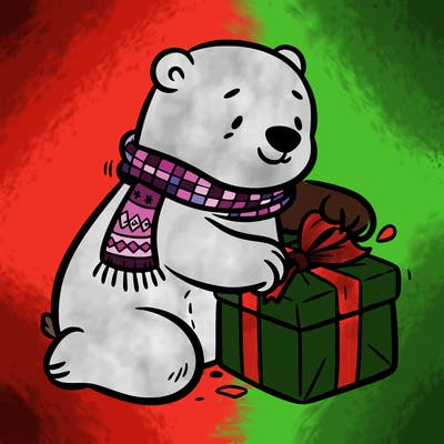 polar bear wrapping a present