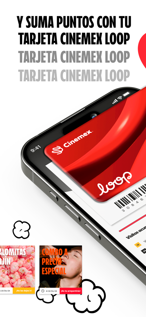 Tarjeta de lealtad digital de Cinemex Loop en la pantalla de un smartphone mostrando puntos y recompensas