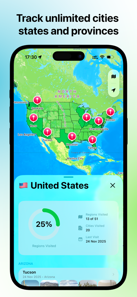 A screenshot of the Stamps travel tracker app showing a United States map with city pins and regional travel statistics.