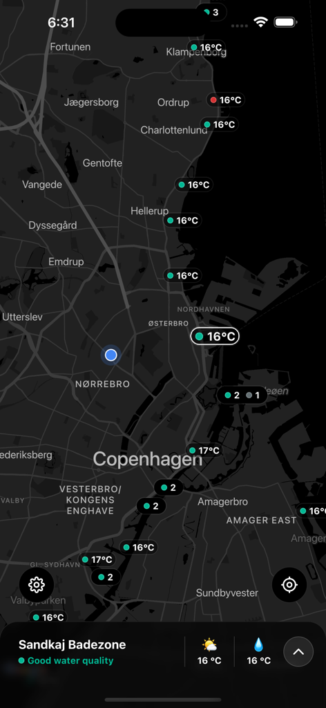 Swimming Water Quality Denmark - Visualização do mapa de Copenhague mostrando as temperaturas da água e as classificações de qualidade para vários locais de natação