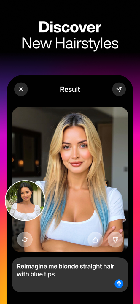 Interfaz de la aplicación ReShoot mostrando un cambio de imagen virtual de cabello a partir de una indicación de texto