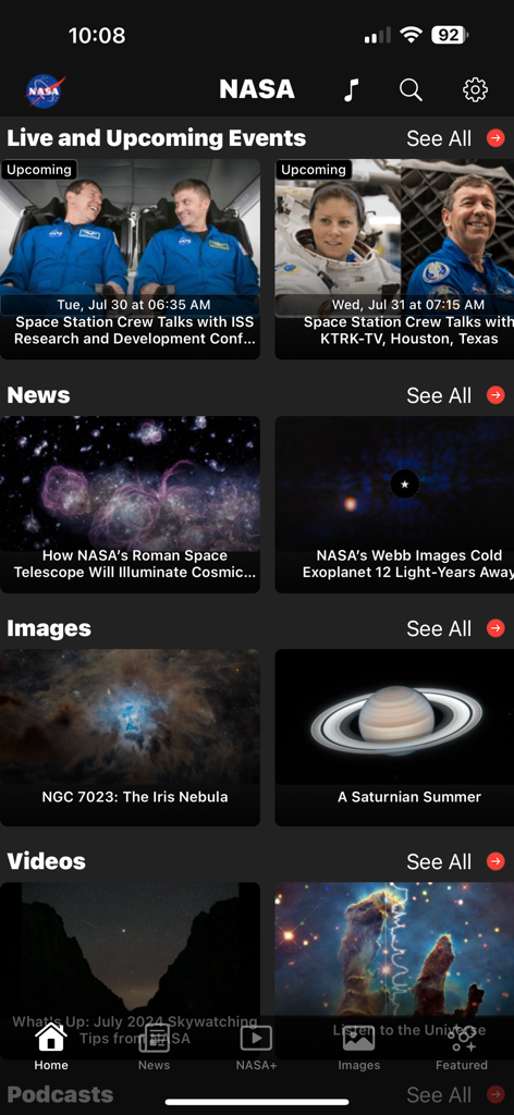 NASA - Dashboard of the NASA app showing news live events and space images