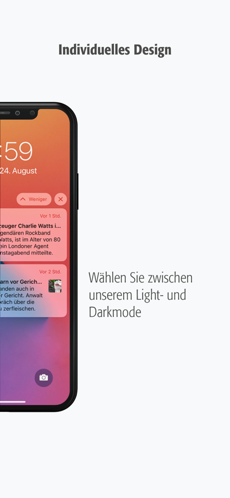 SÜDKURIER Online - Pantalla de smartphone mostrando notificaciones de la aplicación SÜDKURIER Online con texto que describe las opciones de modo claro y oscuro