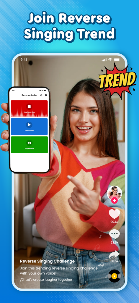 A young woman holding a smartphone showing the Reverse Singing Challenge app interface with social media engagement icons