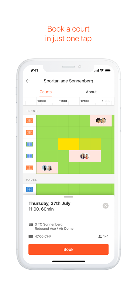 GotCourts app interface showing court availability and booking options