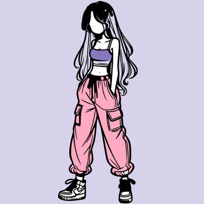 girl in baggy pants crop top and long hair