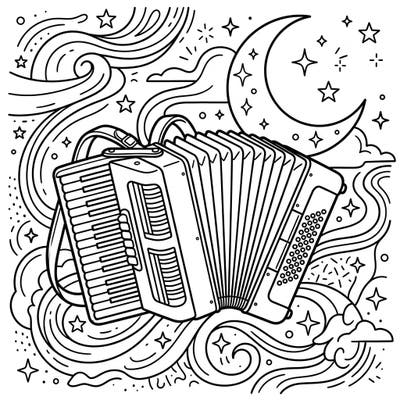 Immerse yourself in a serene coloring experience with this beautiful accordion design, illuminated by the enchanting night sky. Discover swirling patterns, twinkling stars, and a majestic crescent moon awaiting your creative touch.