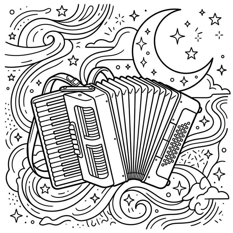 Immerse yourself in a serene coloring experience with this beautiful accordion design, illuminated by the enchanting night sky. Discover swirling patterns, twinkling stars, and a majestic crescent moon awaiting your creative touch.