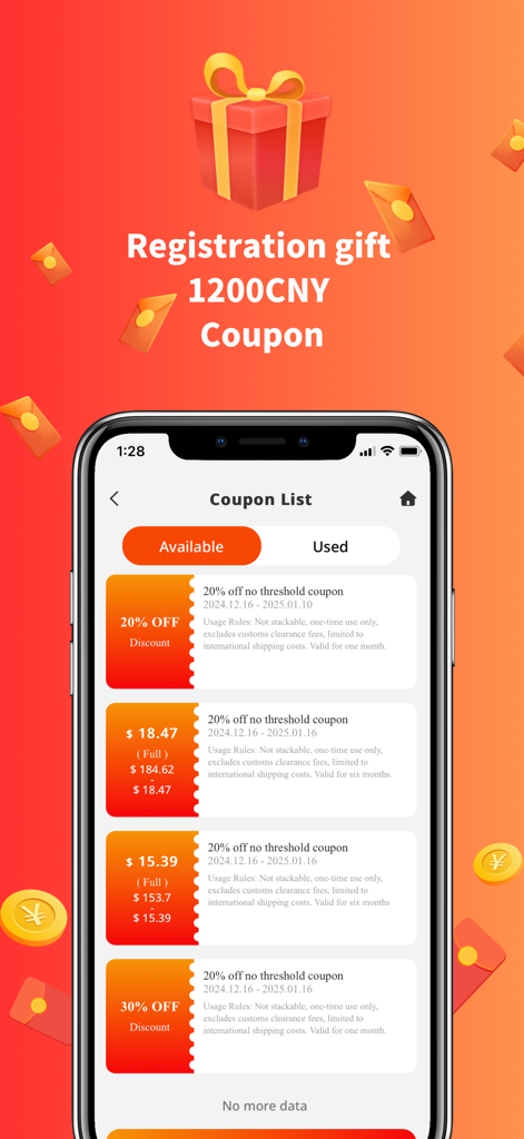 OkeyHaul - OkeyHaul app screen displaying a list of available registration gift coupons including a 1200 CNY newcomer package.