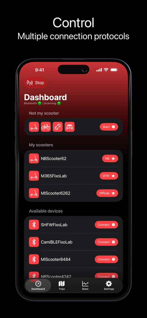 Écran du tableau de bord de l'application Scooter Tools sur un iPhone affichant une liste de connexions de scooter Bluetooth enregistrées et disponibles