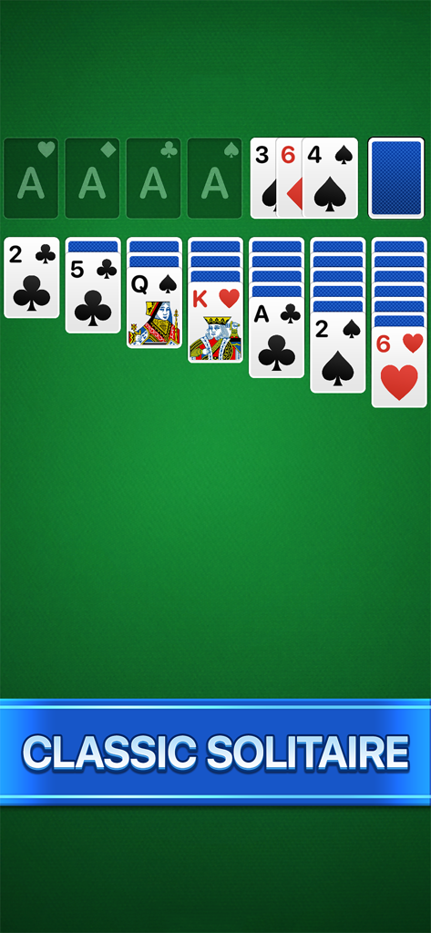 Solitaire Calm, Relax and Play - Classic Klondike Solitaire card game interface with a relaxing green theme and easy to read cards
