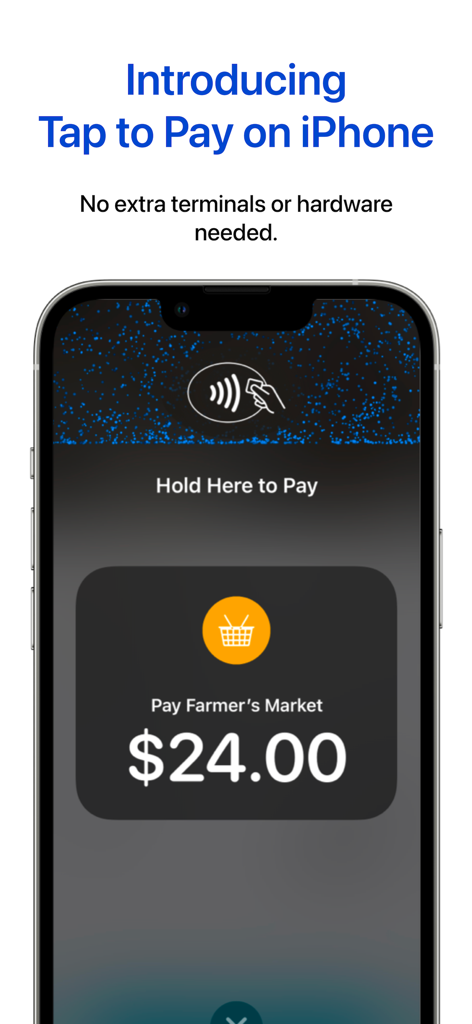Tap to Pay + Contactless + POS - 농산물 직판장 거래를 위한 무선 결제 인터페이스를 표시하는 iPhone