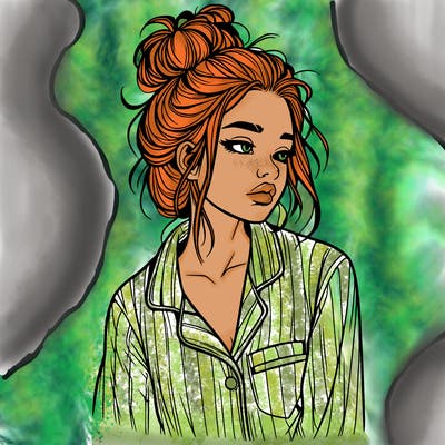 realistic woman with pajamas on and a messy bun