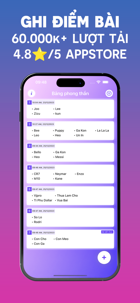 History screen of Ghi diem bai app showing recorded Vietnamese card game sessions with player names.