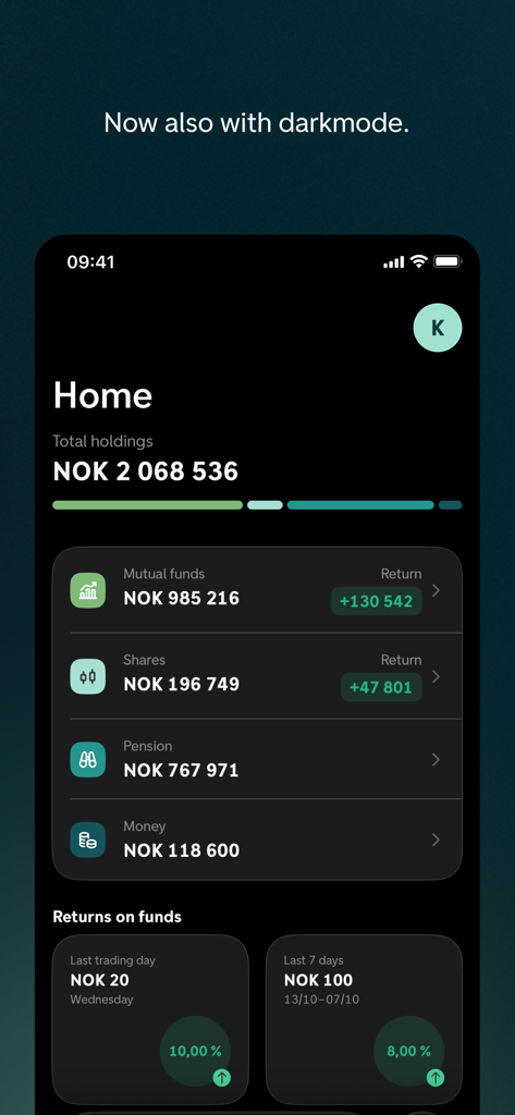 Spare - Spare app home screen in dark mode showing total holdings across mutual funds shares and pension accounts