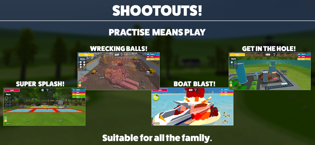Overview of four family-friendly golf shootout mini-games including Super Splash and Boat Blast