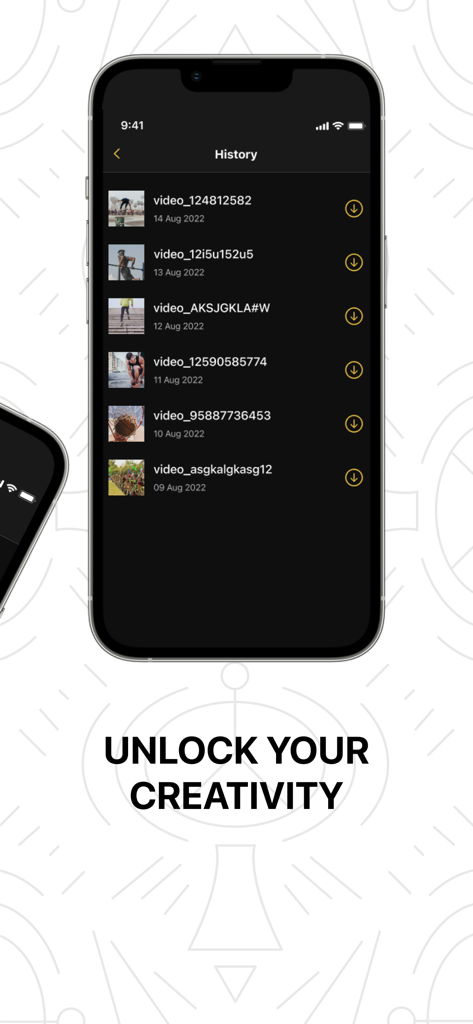 Smartphone-Bildschirm, der den Verlauf der extrahierten Videobilder in der Frame Grabber App zeigt.