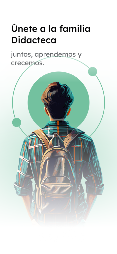 Didacteca - Um aluno com uma mochila e uma mensagem em espanhol para se juntar à família Didacteca.