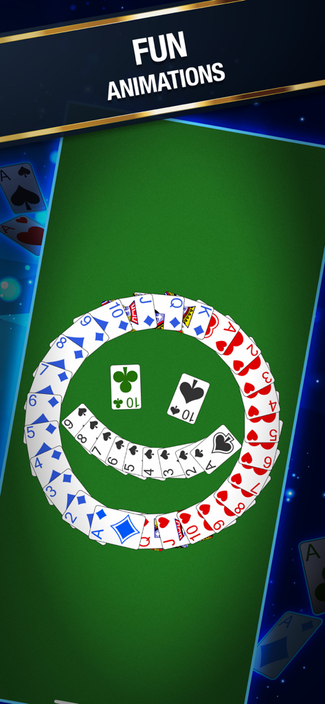 Addiction Solitaire game screen showing cards arranged in a smiley face pattern with the text fun animations