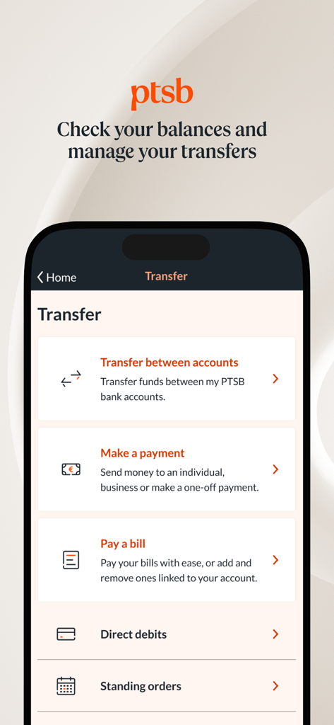 Pantalla de la app móvil PTSB que muestra opciones para transferir fondos, realizar pagos y pagar facturas.